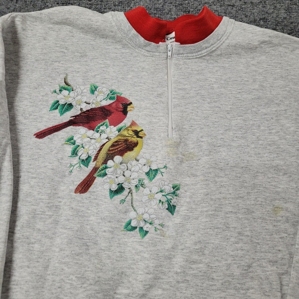 Country Sun Sweatshirt Womens Size L Gray Cardinal Bird Quarter Zip Mock Neck
